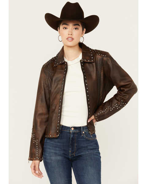 Cripple Creek Women's Concho Back Leather Jacket , Brown, hi-res