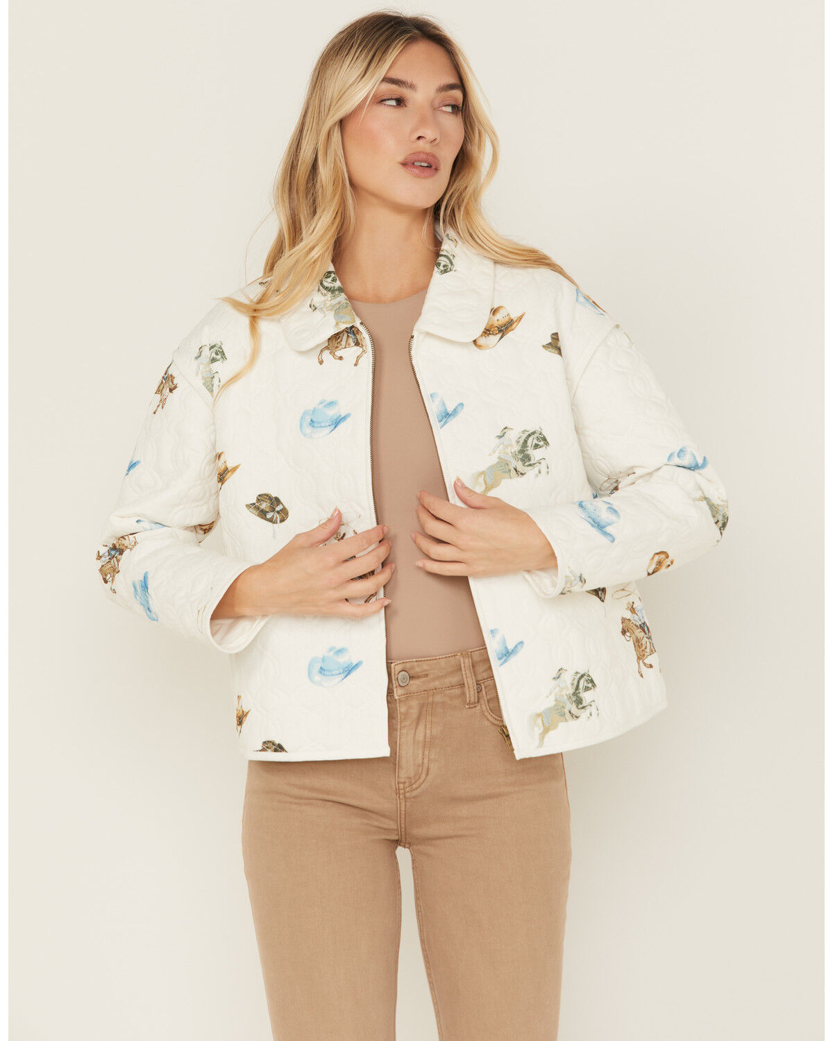 Image #1 - Blue B Women's Quilted Conversational Print Jacket, White, hi-res