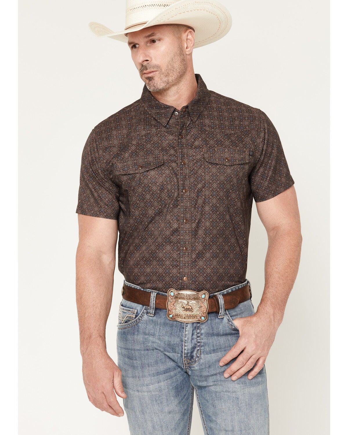 Rock & Roll Denim Men's TEK Medallion Print Short Sleeve Button-Down Performance Stretch Western Shirt, Dark Brown, hi-res