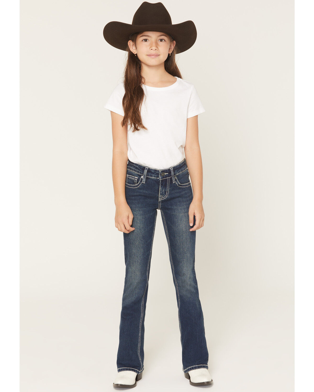 Image #3 - Rock & Roll Denim Girls' Dark Wash Star Embroidered Bootcut Stretch Denim Jeans, Dark Wash, hi-res