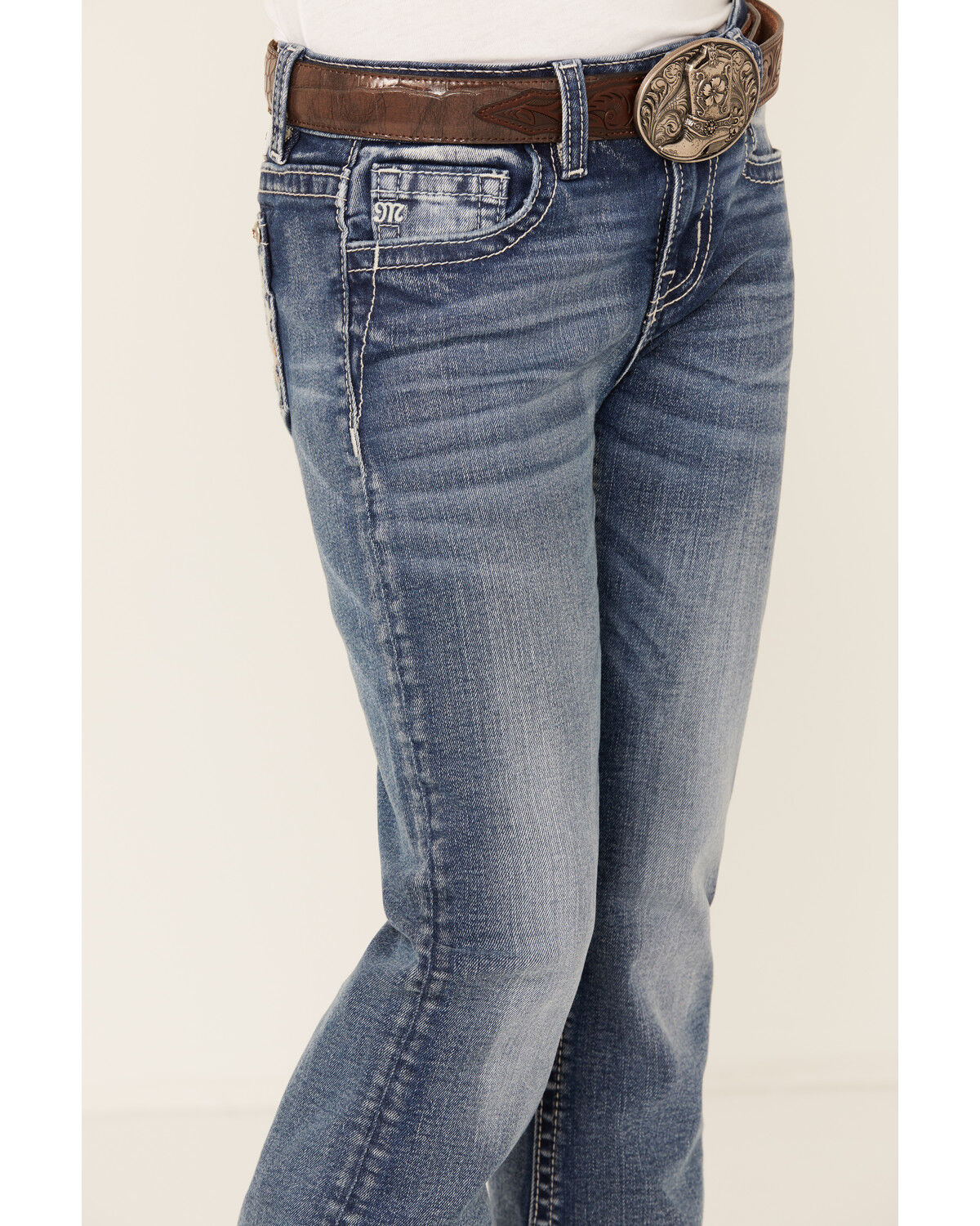 Image #2 - Miss Me Girls' Medium Wash Steer Head Pocket Bootcut Stretch Denim Jeans, Blue, hi-res