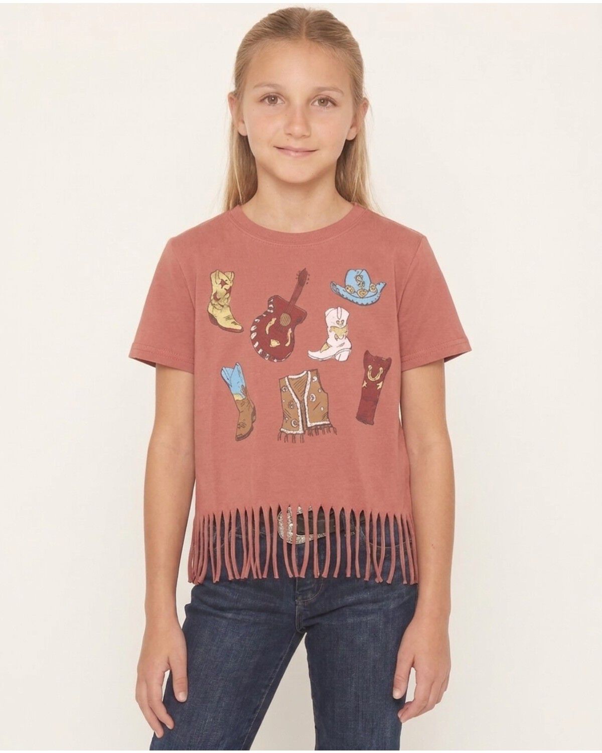 Image #1 - Shyanne Girls' Booty Party Fringe Short Sleeve Graphic Tee, Rose, hi-res