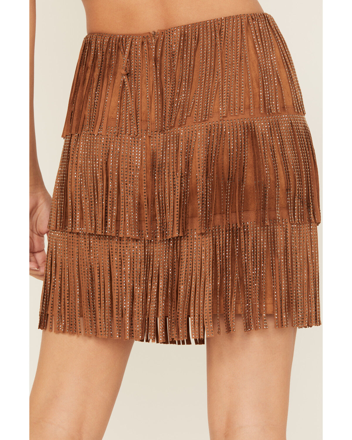 Image #4 - Fornia Women's Rhinestone Fringe Faux Suede Mini Skirt, Camel, hi-res