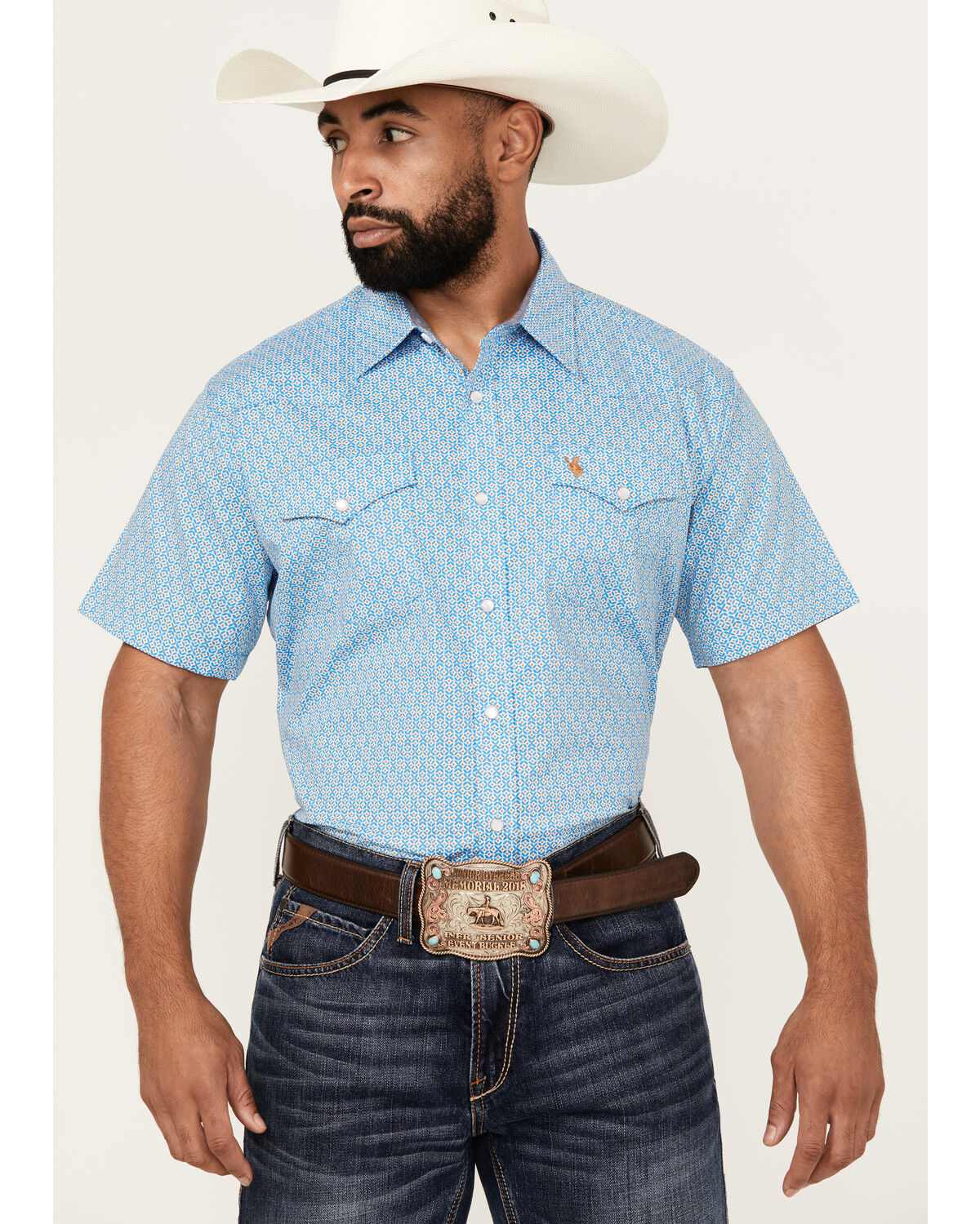 Image #1 - Rodeo Clothing Men's Boot Barn Exclusive Geo Print Short Sleeve Snap Western Shirt, Blue, hi-res