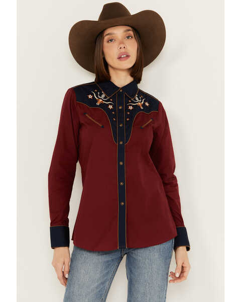 Ariat Women's Sissy Embroidered Long Sleeve Snap Western Shirt, Red, hi-res