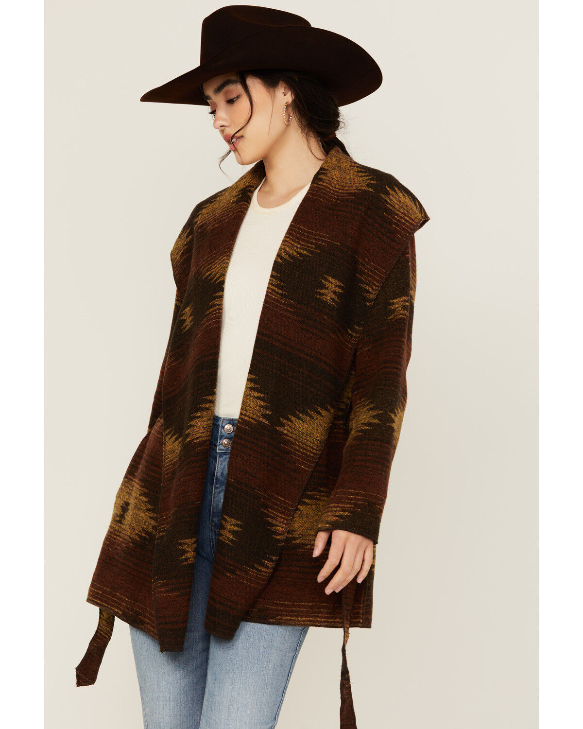 Image #2 - Cripple Creek Women's Southwestern Print Hooded Wrap Jacket, Brown, hi-res