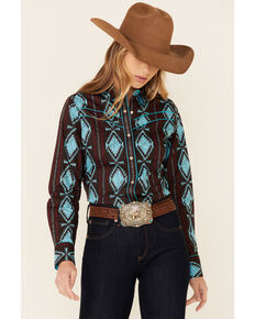 Rock & Roll Denim Women's Brown & Turquoise Southwestern Print Long Sleeve Snap Western Core Shirt  , Brown, hi-res