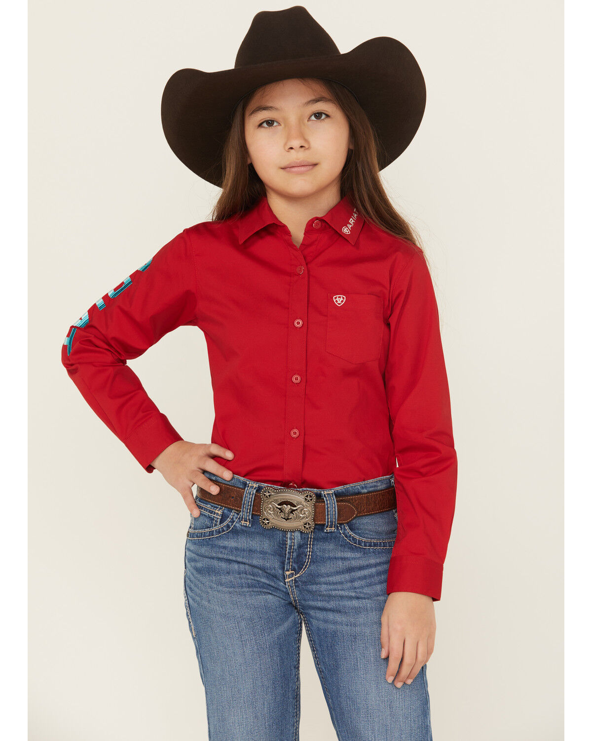 Image #1 - Ariat Girls' Serape Striped Team Logo Long Sleeve Button-Down Stretch Western Shirt, Red, hi-res