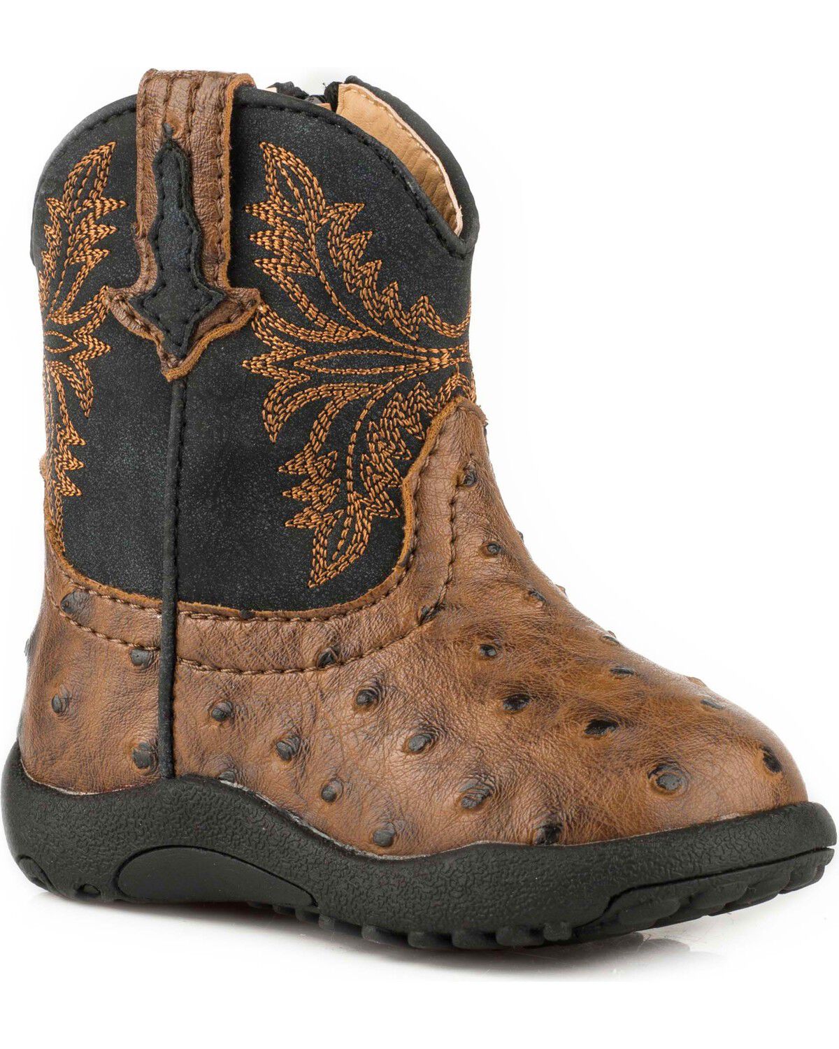Roper Infant Boys' Jed Brown Ostrich Print Cowbabies Pre-Walker Boots - Round Toe, Brown, hi-res