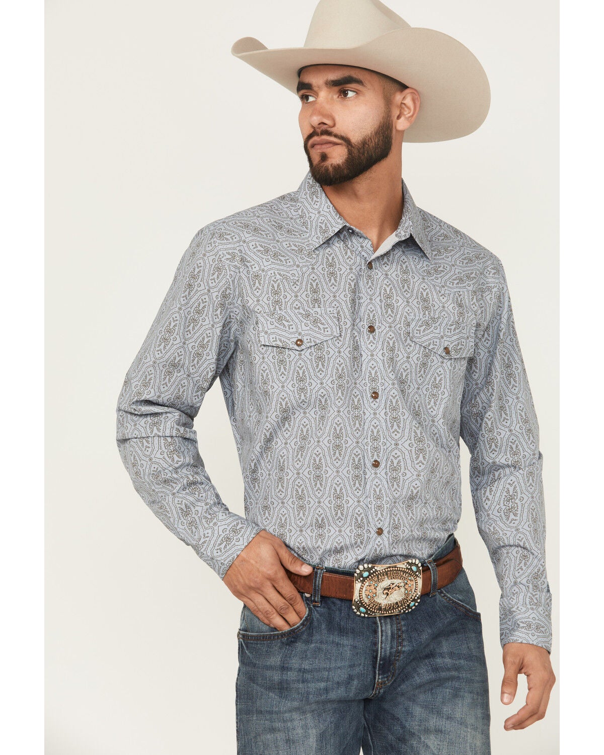 Gibson Trading Co Men's Ride The Wind Medallion Print Long Sleeve Snap Stretch Western Shirt, Light Blue, hi-res