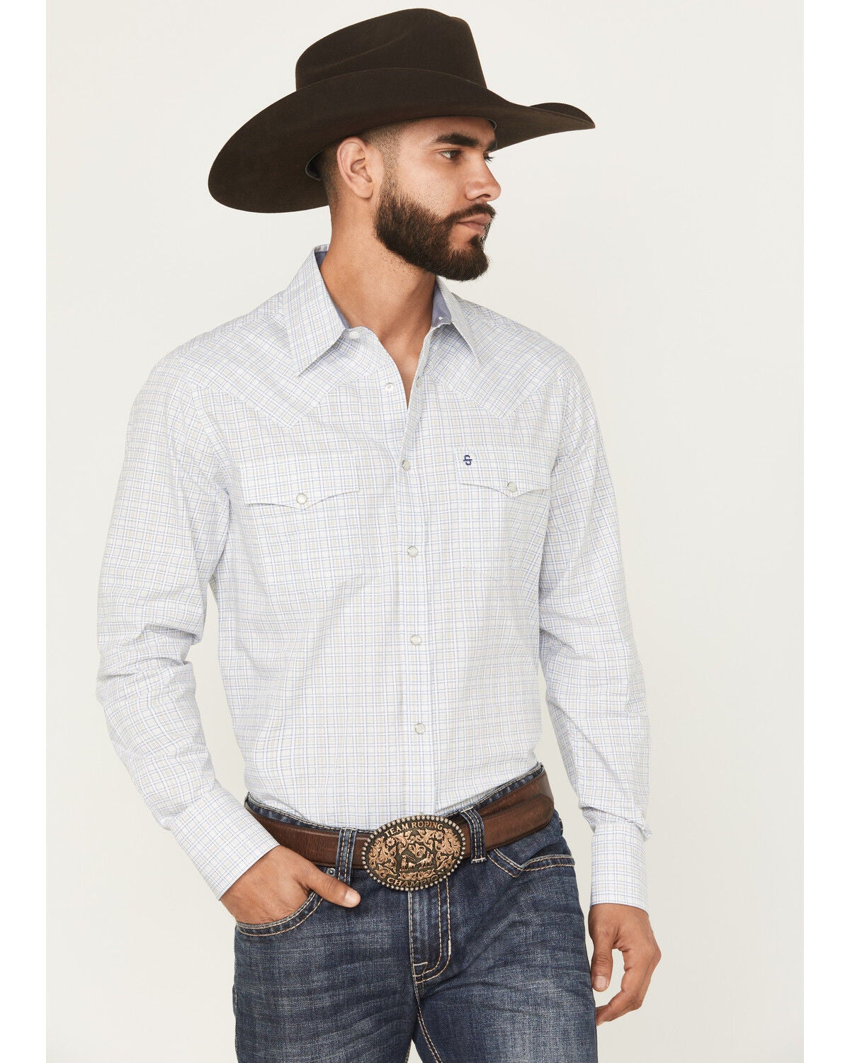 Stetson Men's Plaid Print Long Sleeve Snap Western Shirt, Blue, hi-res
