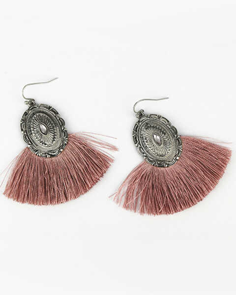 Image #1 - Prime Time Jewelry Women's Silver Concho & Pink Fringe Earrings, Silver, hi-res