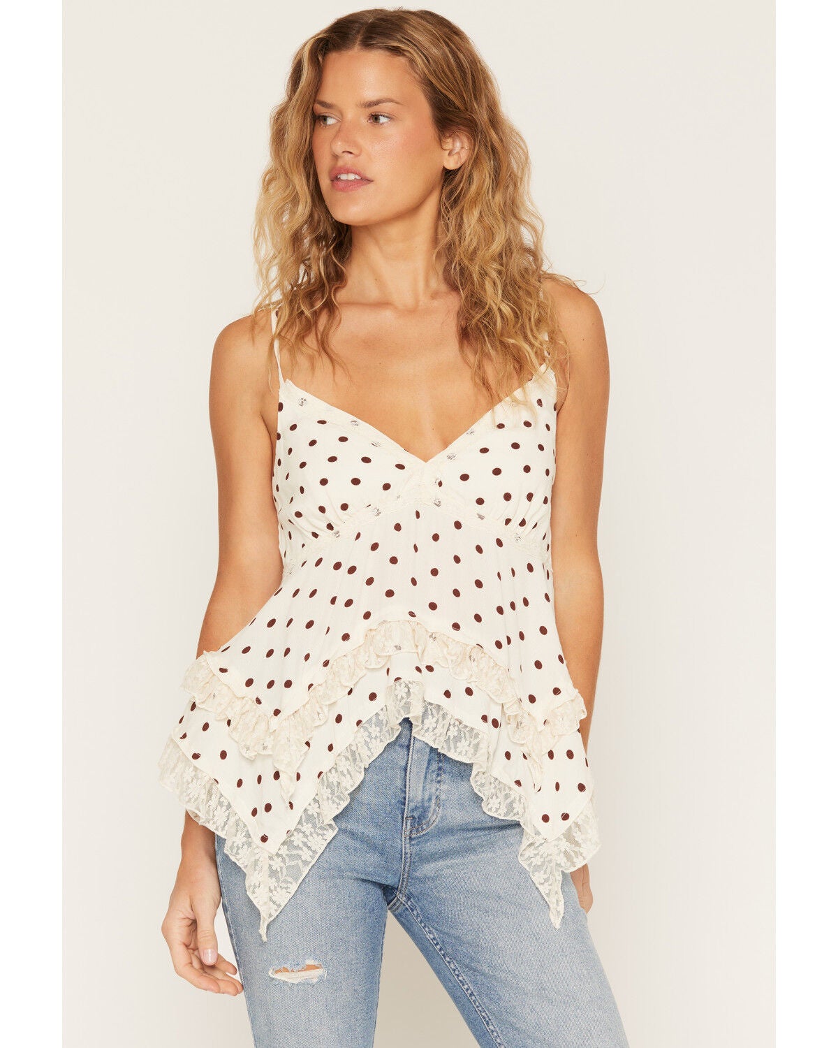 Wild Moss Women's Polka Dot Lace Hanky Hem Sleeveless Top, Ivory, hi-res