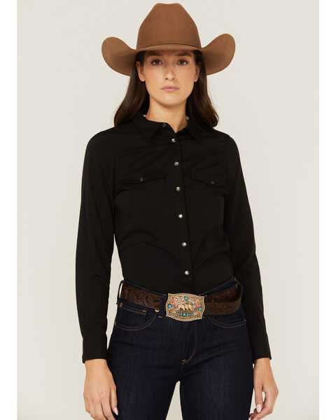 RANK 45® Women's Outdoor Vented York Riding Long Sleeve Snap Western Shirt, Black, hi-res