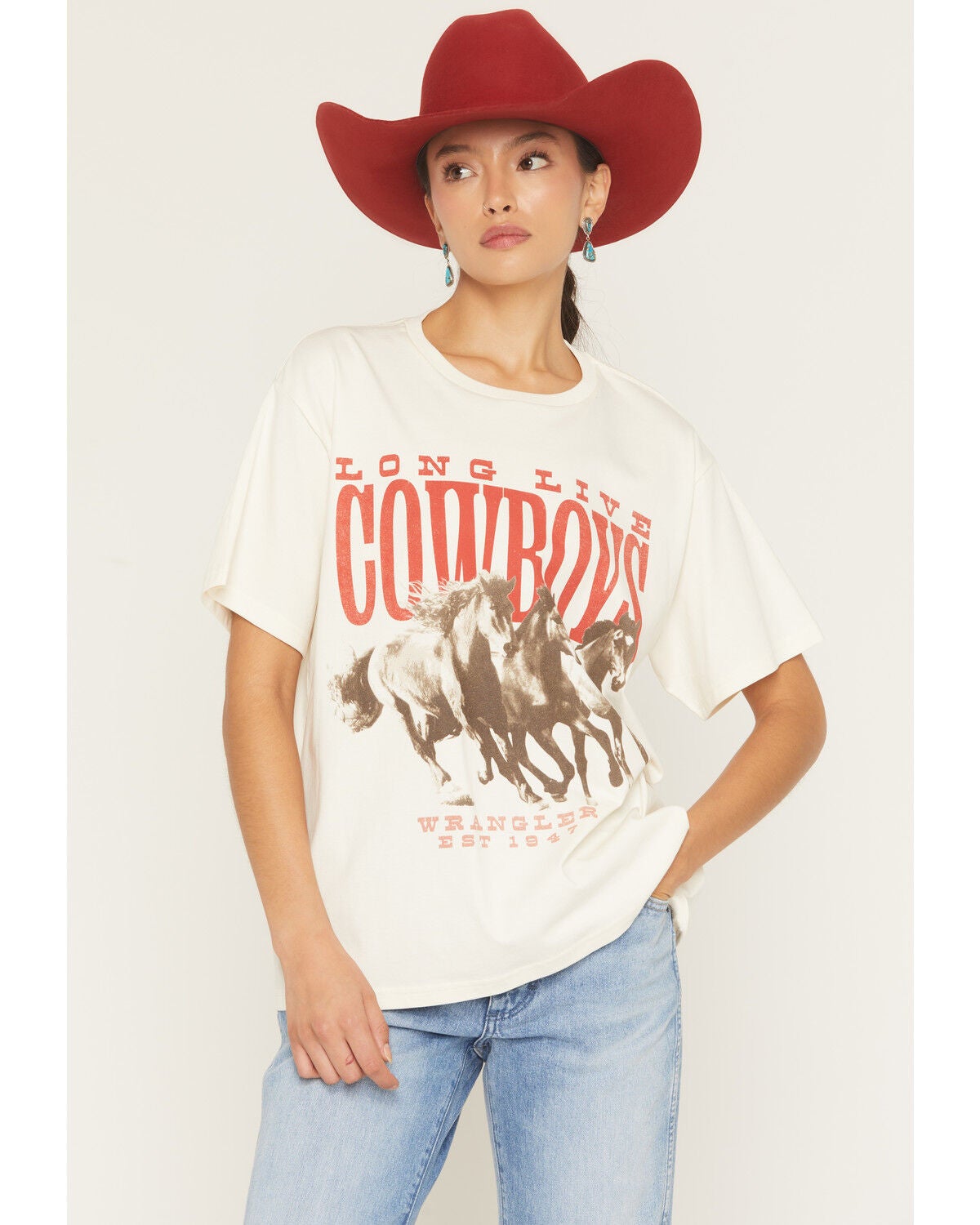 Wrangler Retro Women's Long Live Cowboys Short Sleeve Graphic Tee, Cream, hi-res