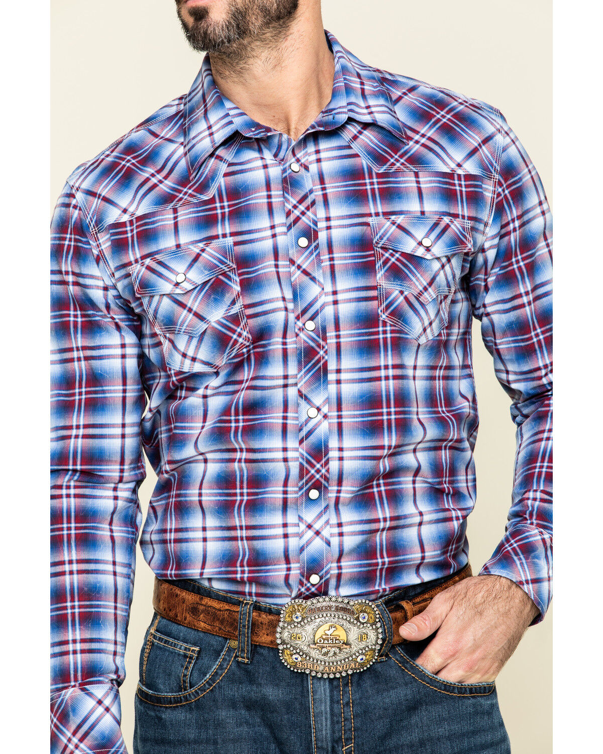 Image #4 - Rock & Roll Denim Men's Ombre Crinkle Plaid Long Sleeve Western Shirt, Blue, hi-res
