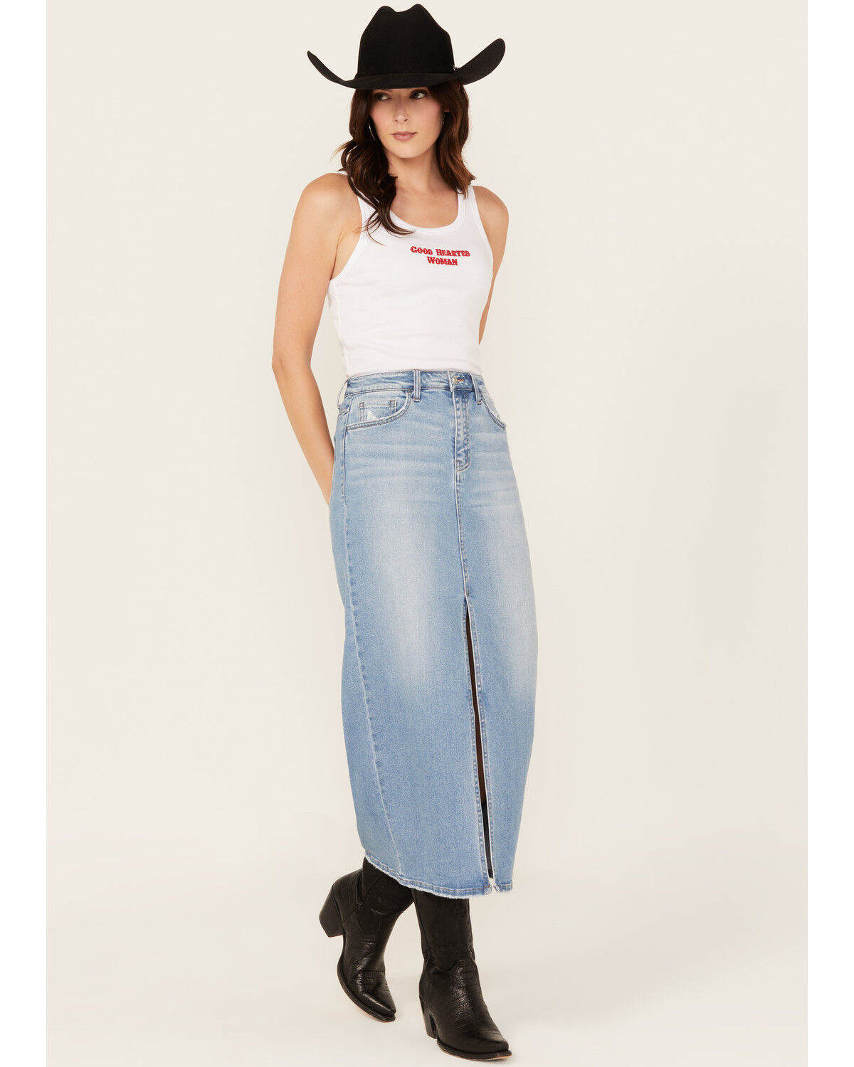 Image #1 - Vervet Women's Light Wash Front Slit Denim Midi Skirt, Light Wash, hi-res
