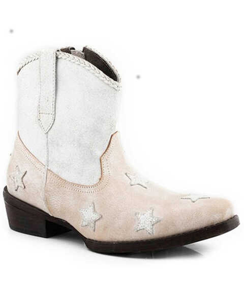 Roper Women's Liberty Crackle Shaft Western Fashion Booties - Snip Toe , White, hi-res