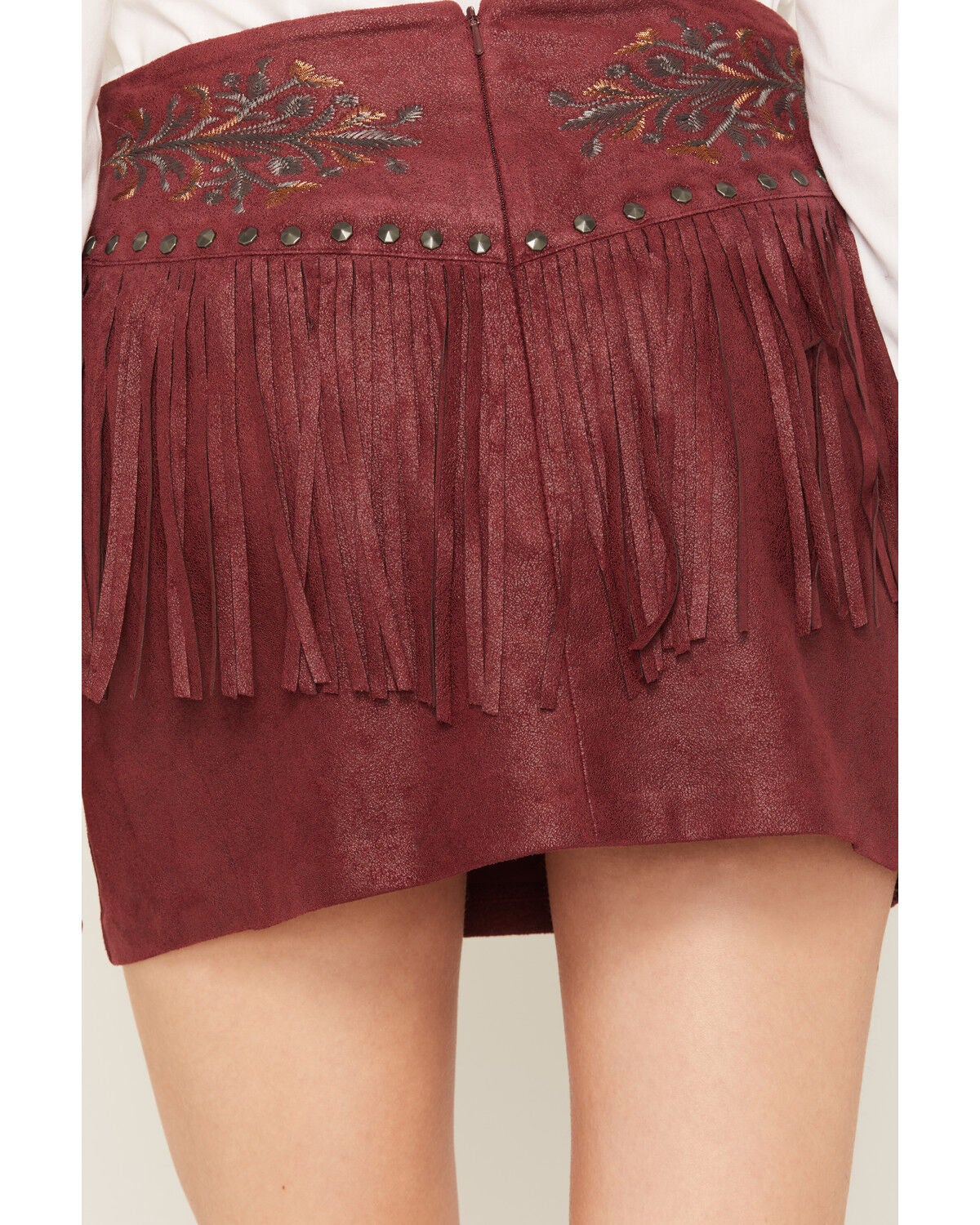 Shyanne Women's Faux Suede Metallic Embroidered Fringe Mini Skirt, Maroon