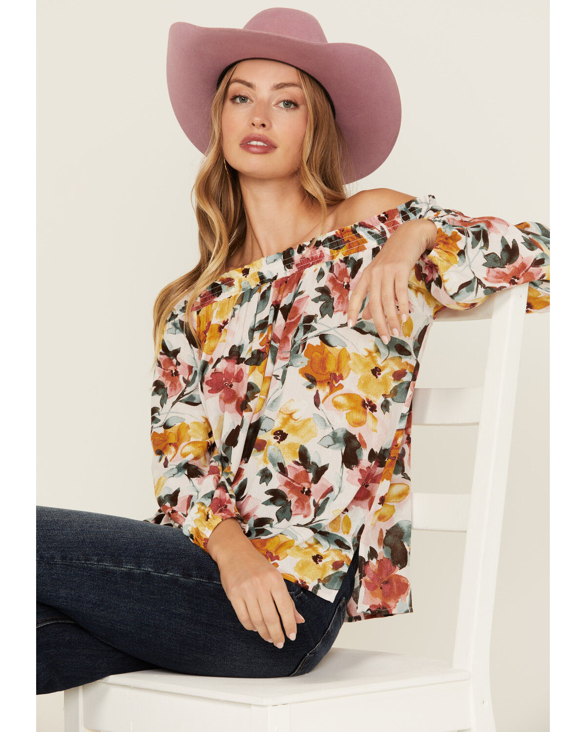 Image #4 - Wild Moss Women's Floral Print Long Sleeve Off The Shoulder Shirt, Multi, hi-res