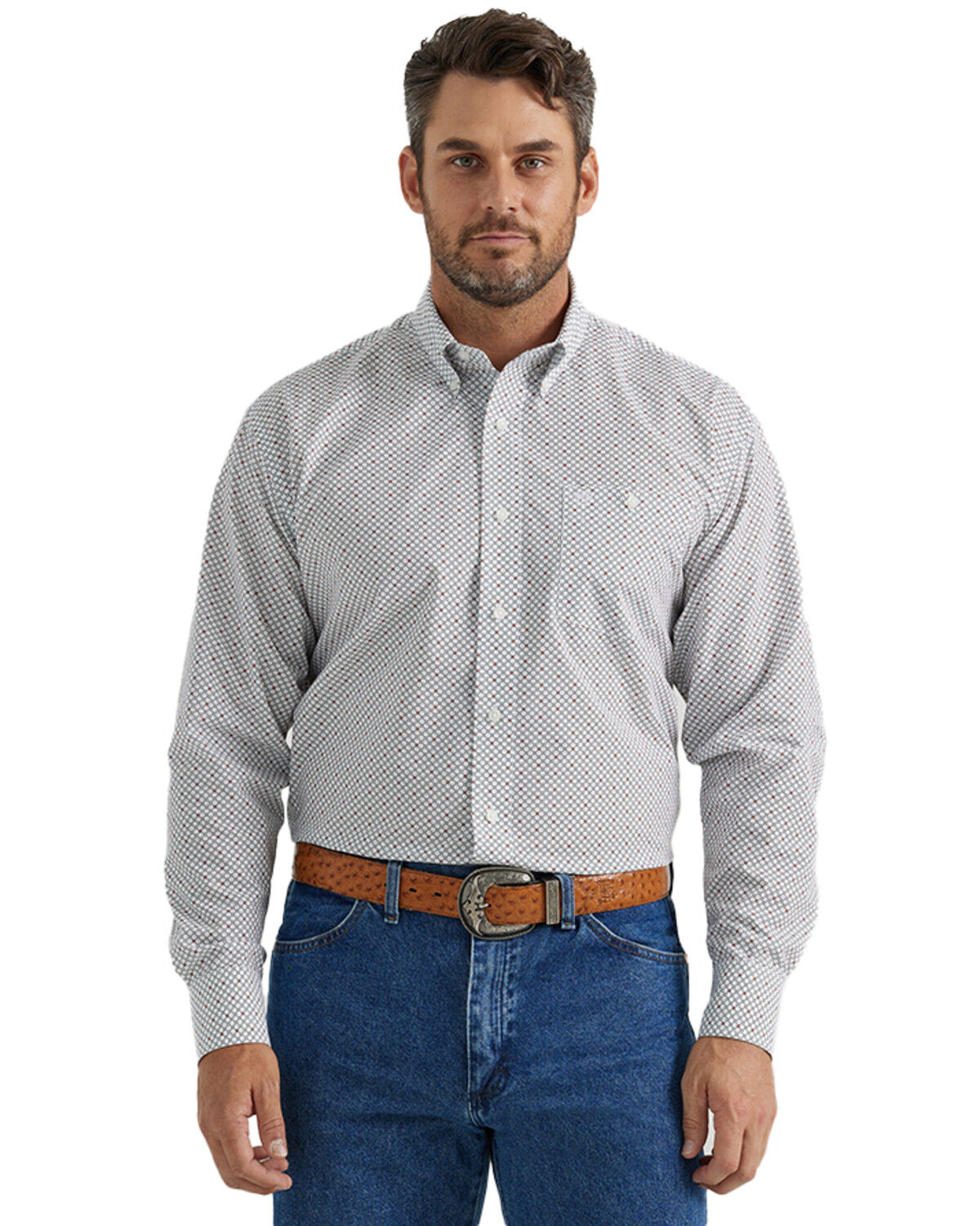 Image #1 - Wrangler Men's Geo Print Long Sleeve Button-Down Western Shirt - Tall, White, hi-res