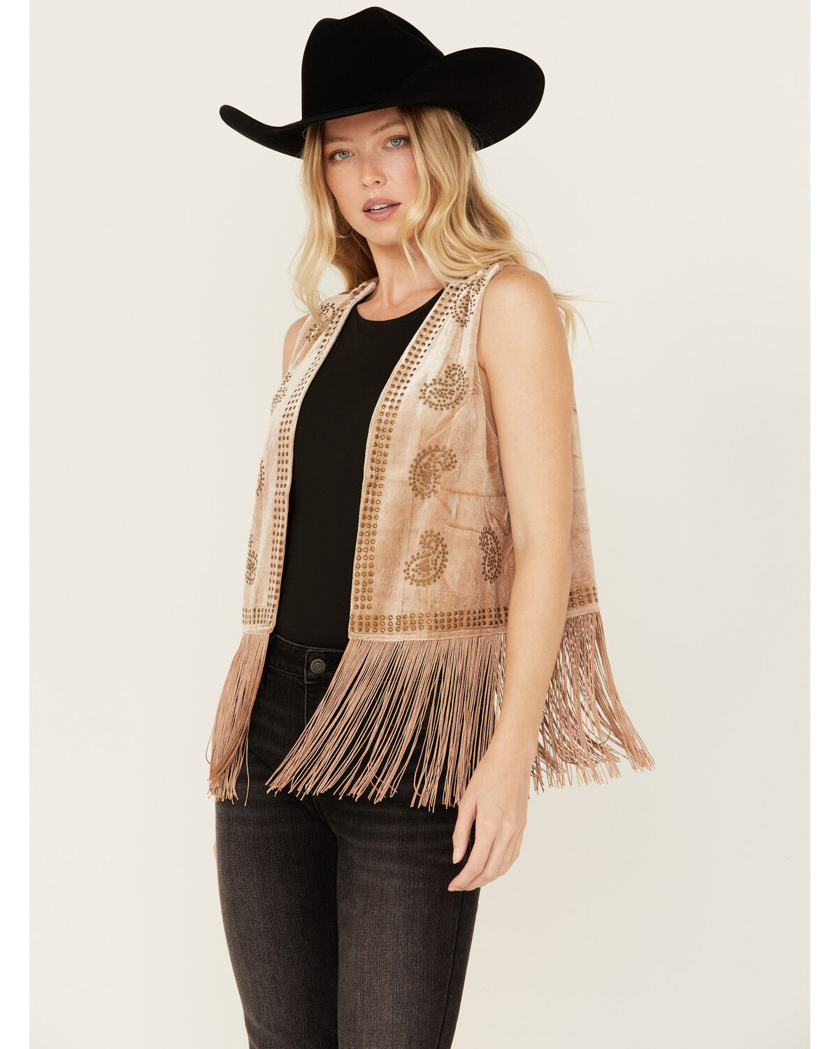 Image #1 - Vocal Women's Studded Faux Suede Fringe Vest, Tan, hi-res