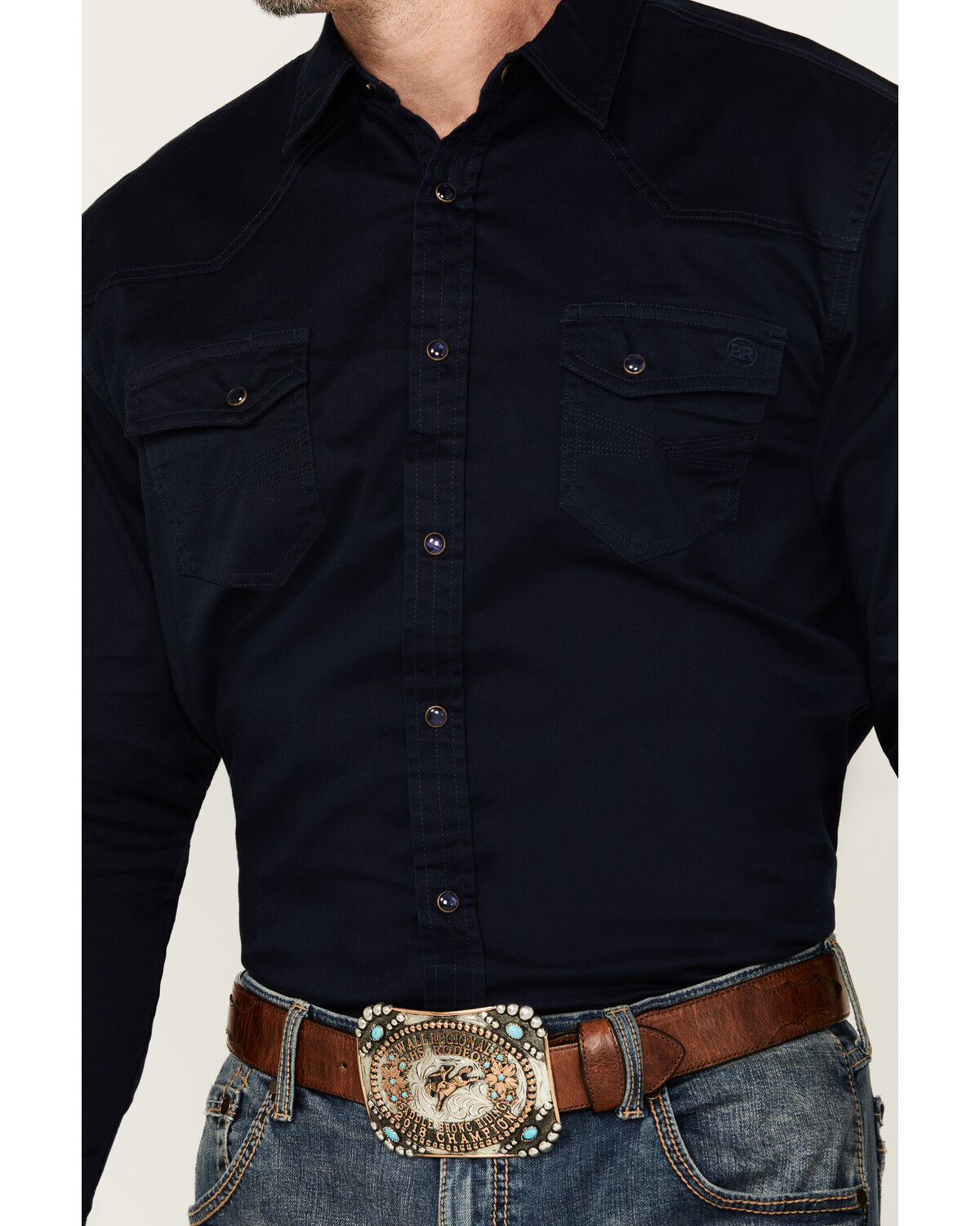 Image #3 - Blue Ranchwear Men's Rustler Solid Twill Long Sleeve Snap Stretch Western Work Shirt, Navy, hi-res