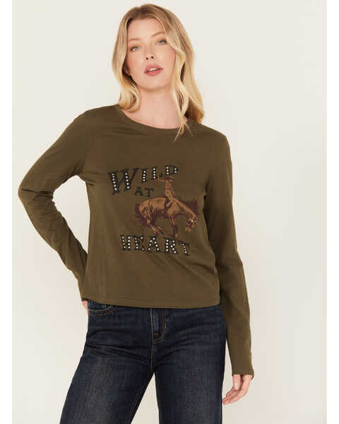 White Crow Women's Wild Heart Studded Long Sleeve Graphic Tee, Olive, hi-res