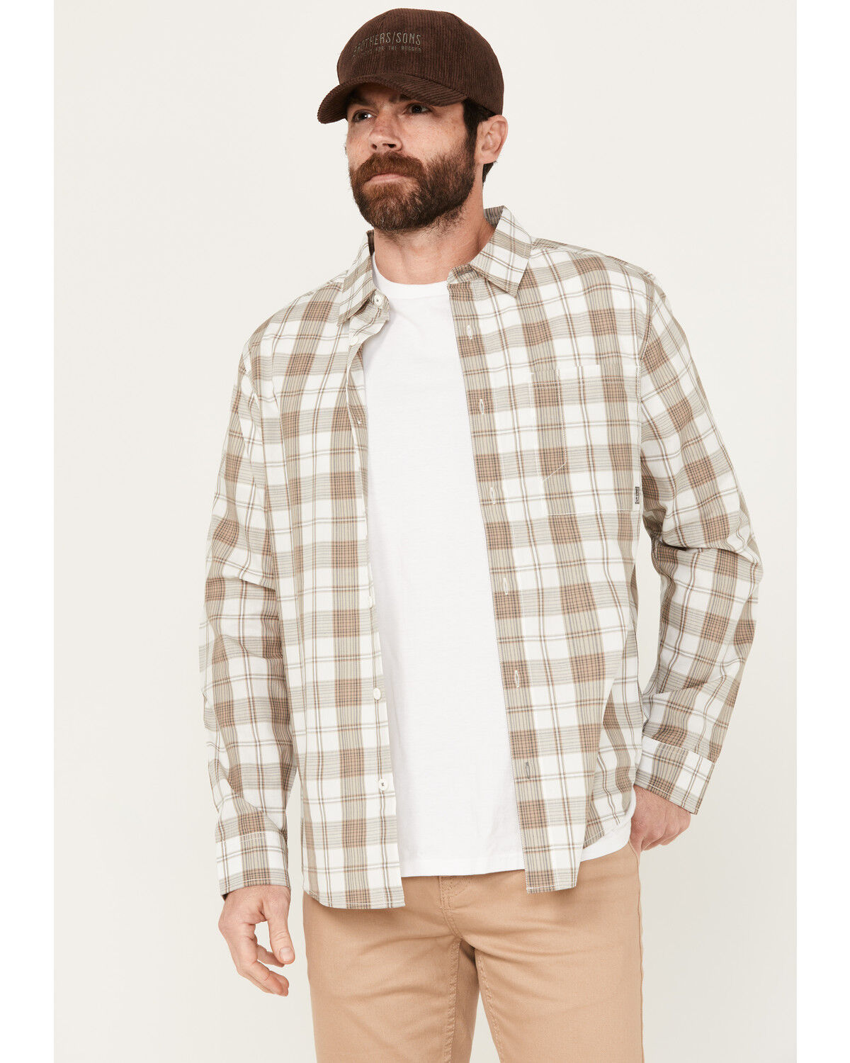 Image #1 - Brothers and Sons Men's Sallisaw Plaid Print Performance Long Sleeve Button Down Western Shirt, White, hi-res