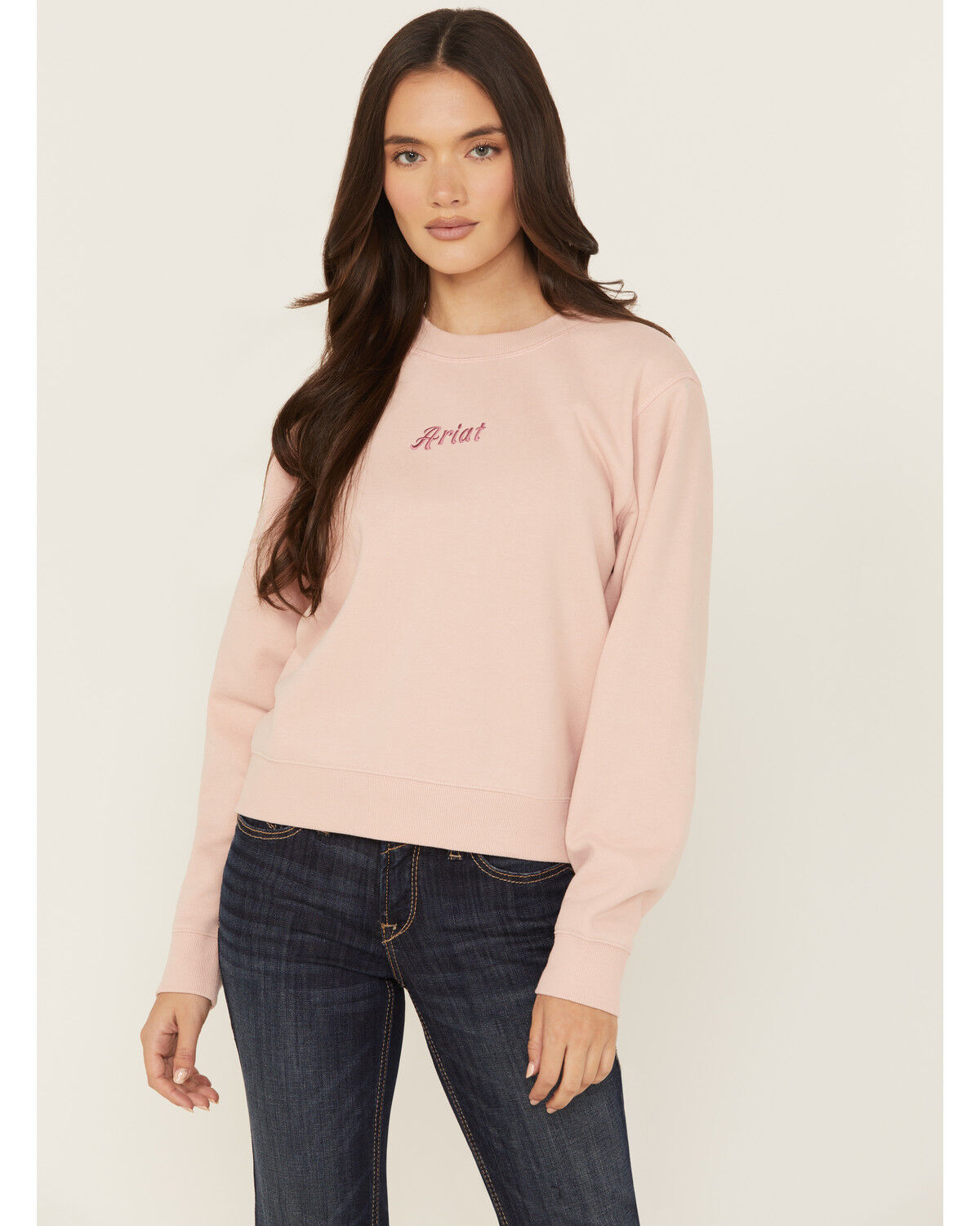 Image #1 - Ariat Women's Boot Barn Exclusive Embroidered Logo Crewneck, Peach, hi-res