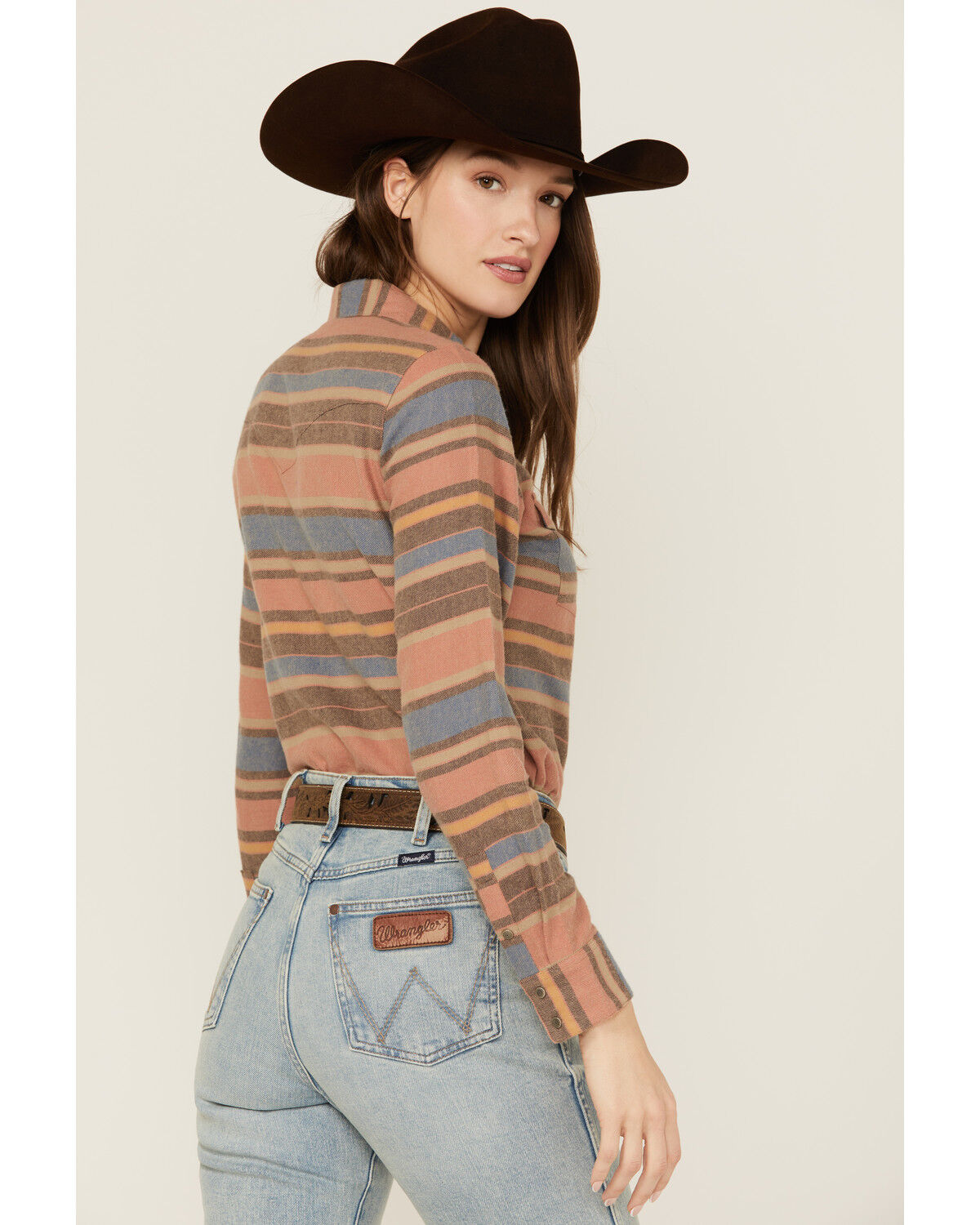Image #4 - Shyanne Women's Serape Striped Print Long Sleeve Snap Flannel Shirt, Navy, hi-res