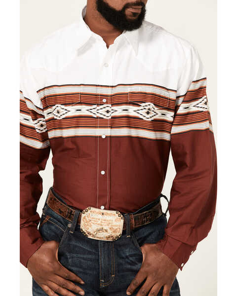 Image #3 - Roper Men's Diamond Southwestern Border Print Long Sleeve Pearl Snap Western Shirt , Brown, hi-res