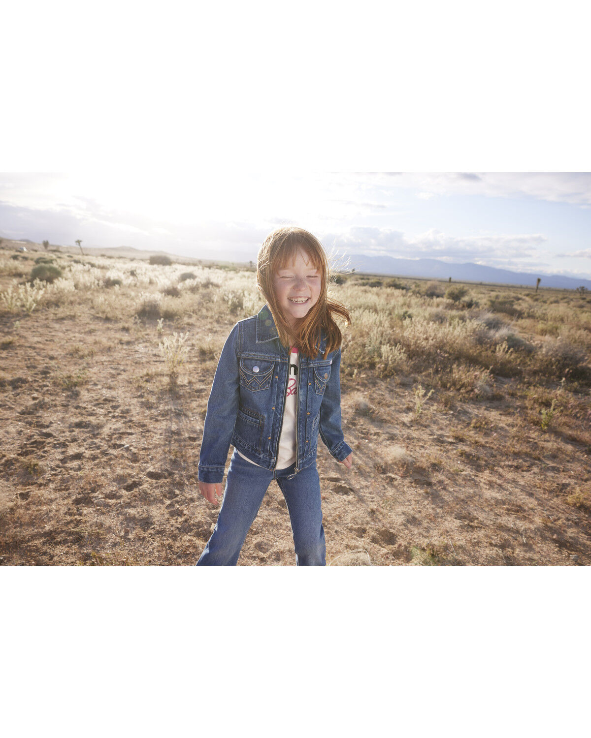 Image #1 - Wrangler® X Barbie™ Girls' Medium Wash Zip-Up Logo Denim Jacket, , hi-res