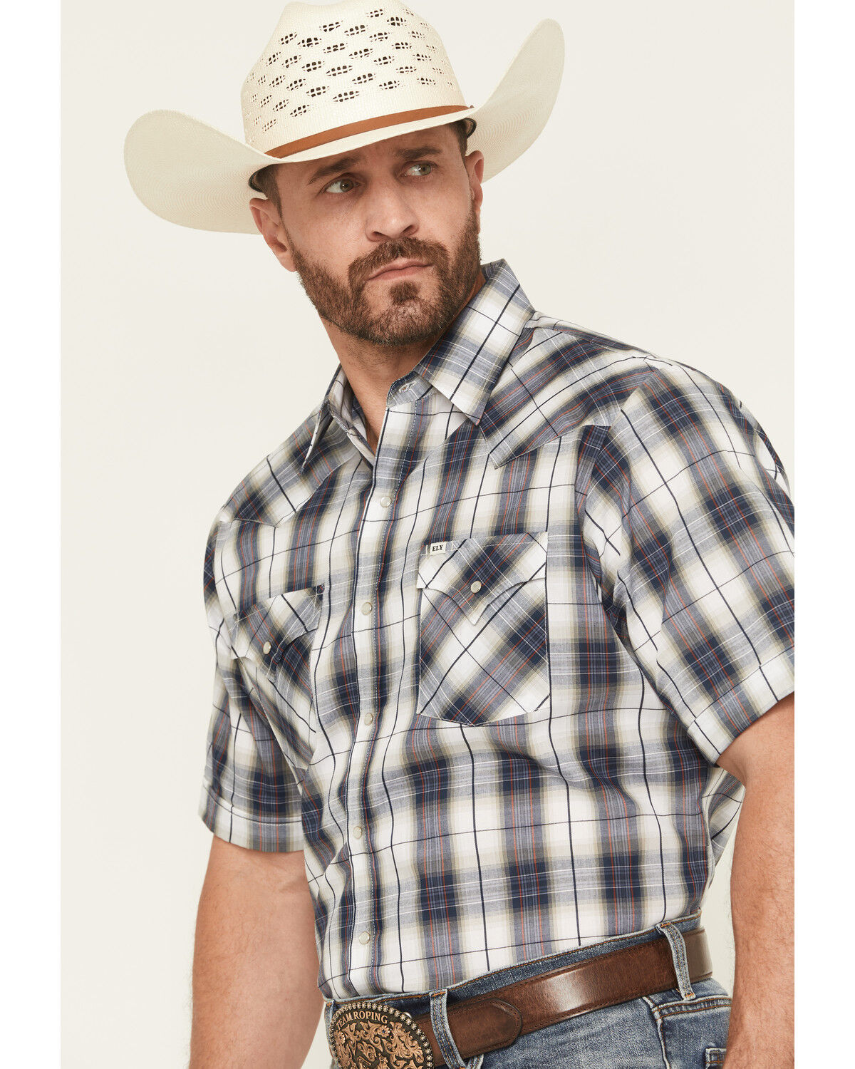 Image #2 - Ely Walker Men's Plaid Print Short Sleeve Snap Western Shirt - Tall, Navy, hi-res