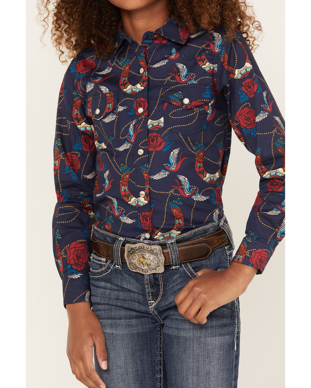 Image #3 - Ariat Girls' Ropey Rose Print Long Sleeve Shirt, Navy, hi-res