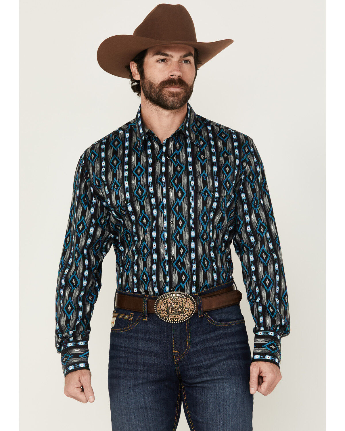 Image #1 - Wrangler Men's Checotah Southwestern Striped Long Sleeve Pearl Snap Western Shirt, Black, hi-res