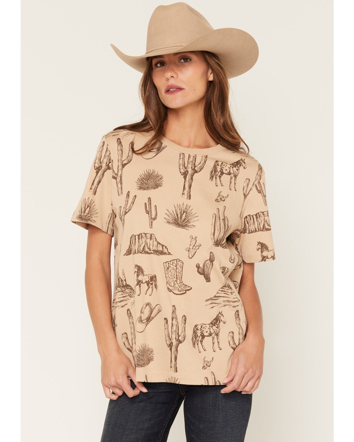 Shyanne Women's Highland Scattered Conversation Print Short Sleeve Boyfriend Graphic Tee, Khaki, hi-res