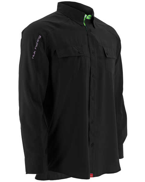 Image #1 - Huk Performance Fishing Men's Next Level Long Sleeve Button Down Woven Shirt , Black, hi-res