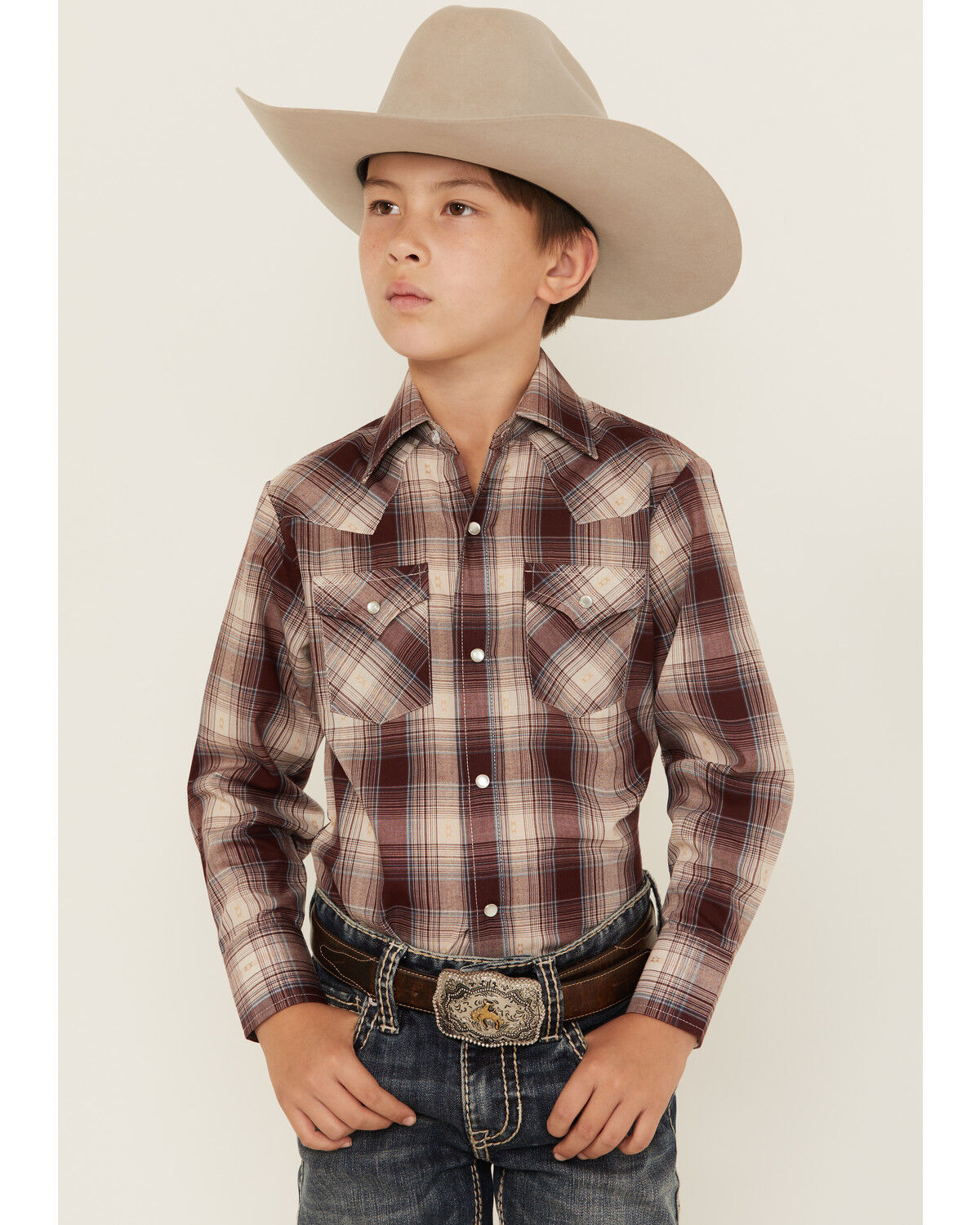 Image #1 - Ely Walker Boys' Plaid Print Long Sleeve Pearl Snap Western Shirt, Burgundy, hi-res