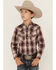 Image #1 - Ely Walker Boys' Plaid Print Long Sleeve Pearl Snap Western Shirt, Burgundy, hi-res