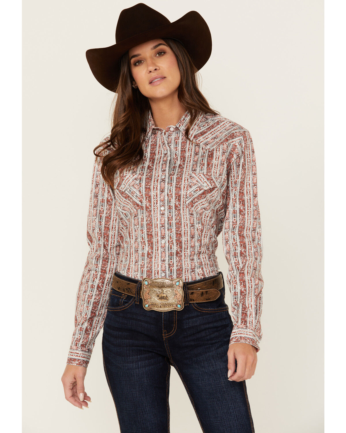 Image #1 - Rough Stock by Panhandle Women's Wallpaper Print Long Sleeve Pearl Snap Stretch Western Shirt, Orange, hi-res