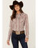 Image #1 - Rough Stock by Panhandle Women's Wallpaper Print Long Sleeve Pearl Snap Stretch Western Shirt, Orange, hi-res