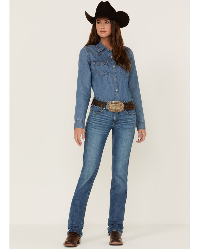 Ariat Women's R.E.A.L. Catherine Arrow Fit Medium Wash Mid Rise Straight Jeans, Blue, hi-res