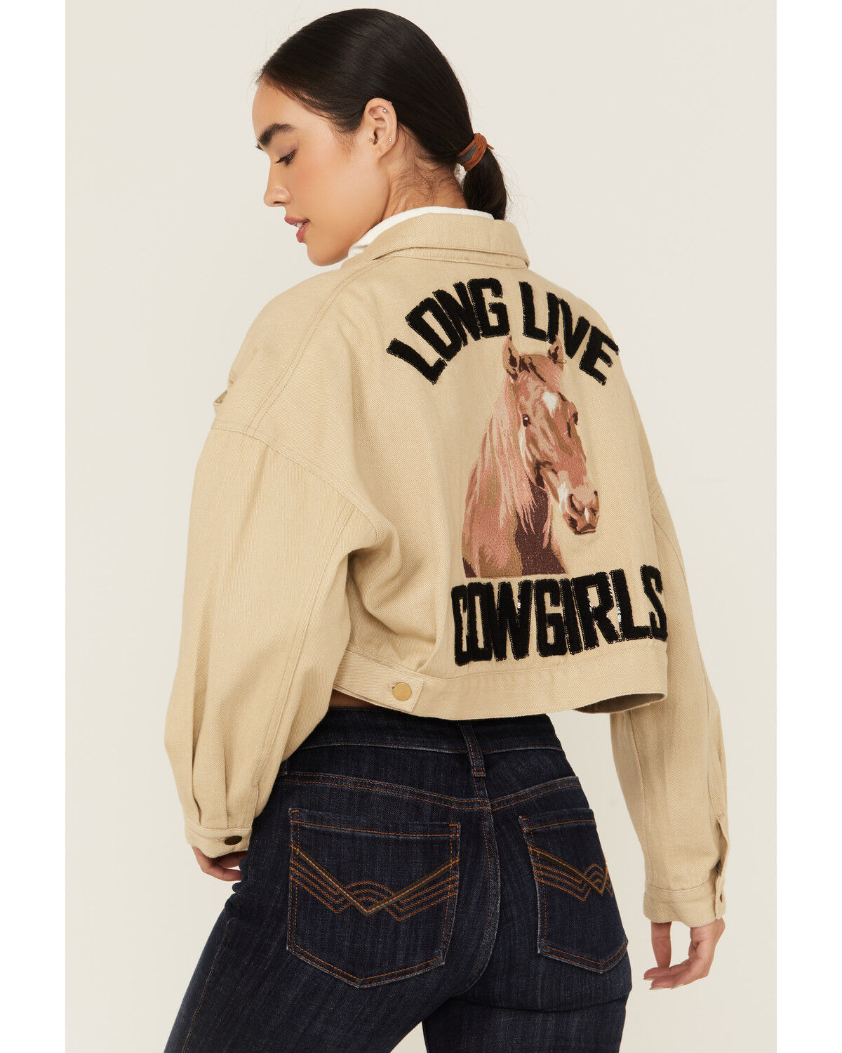 Image #4 - Blue B Women's Long Live Cowgirls Cropped Denim Jacket, Taupe, hi-res