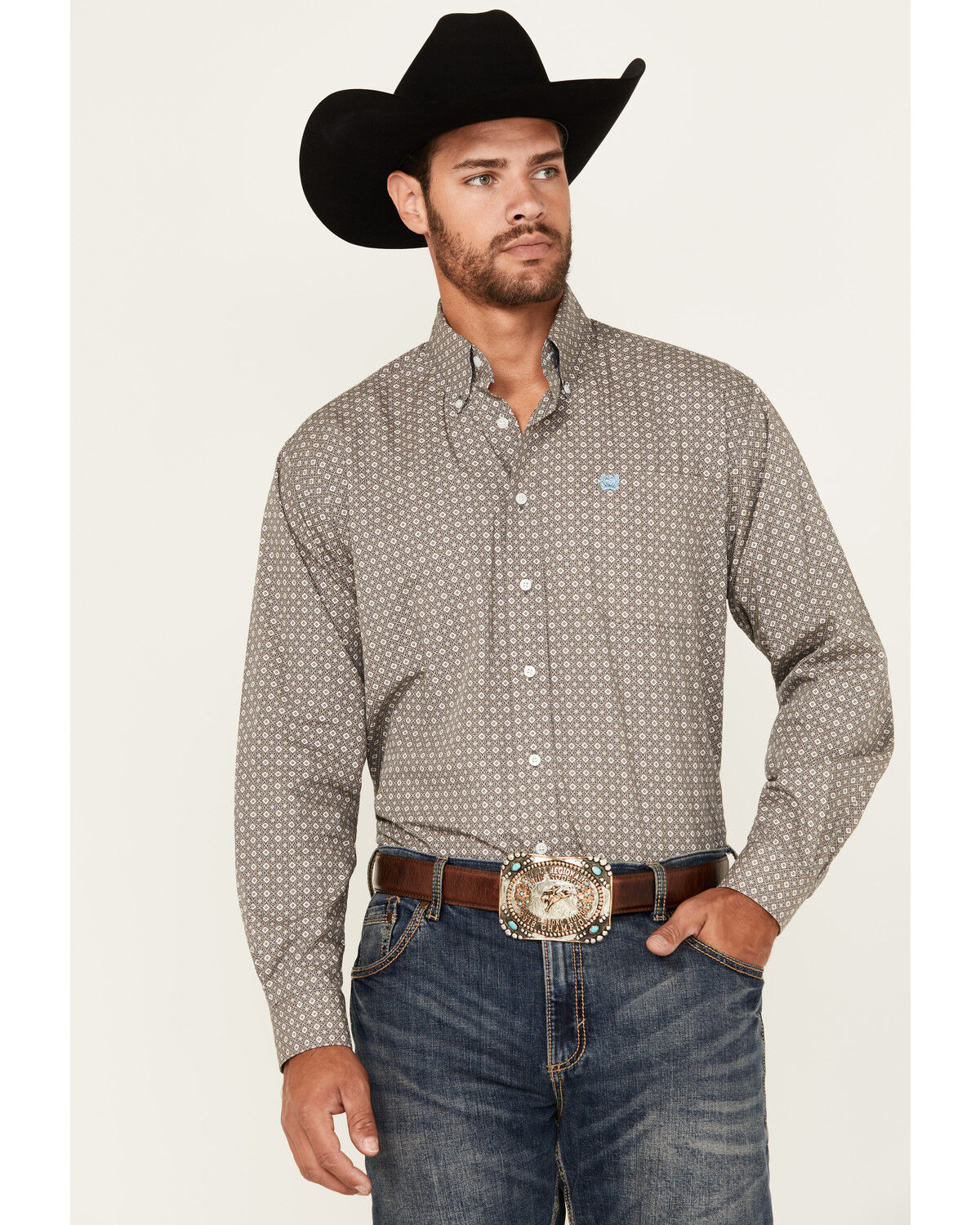 Image #1 - Cinch Men's Geo Print Long Sleeve Button-Down Western Shirt, Blue, hi-res