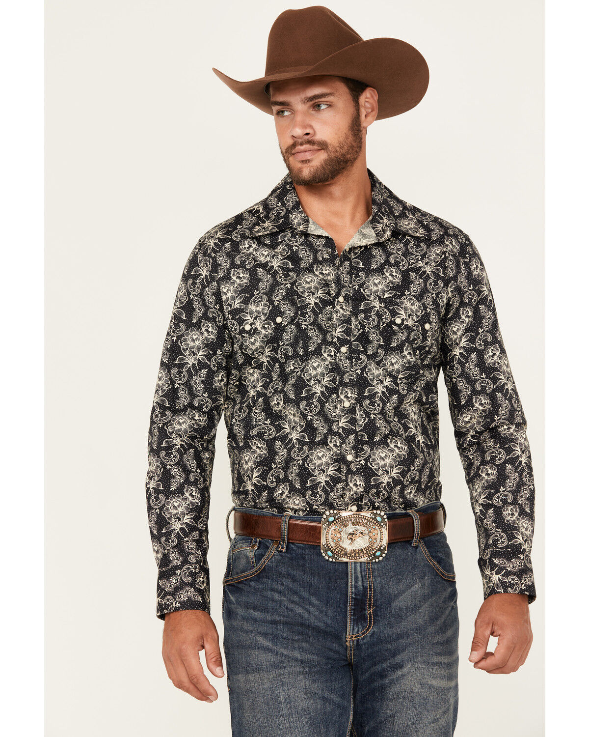Image #1 - Rock & Roll Denim Men's Floral Print Long Sleeve Snap Stretch Western Shirt, Black, hi-res