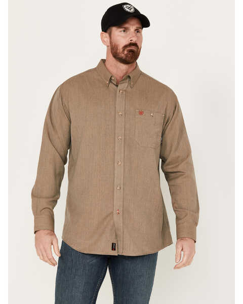 Ariat Men's FR Air Inherent Solid Long Sleeve Button Down Work Shirt, Tan, hi-res