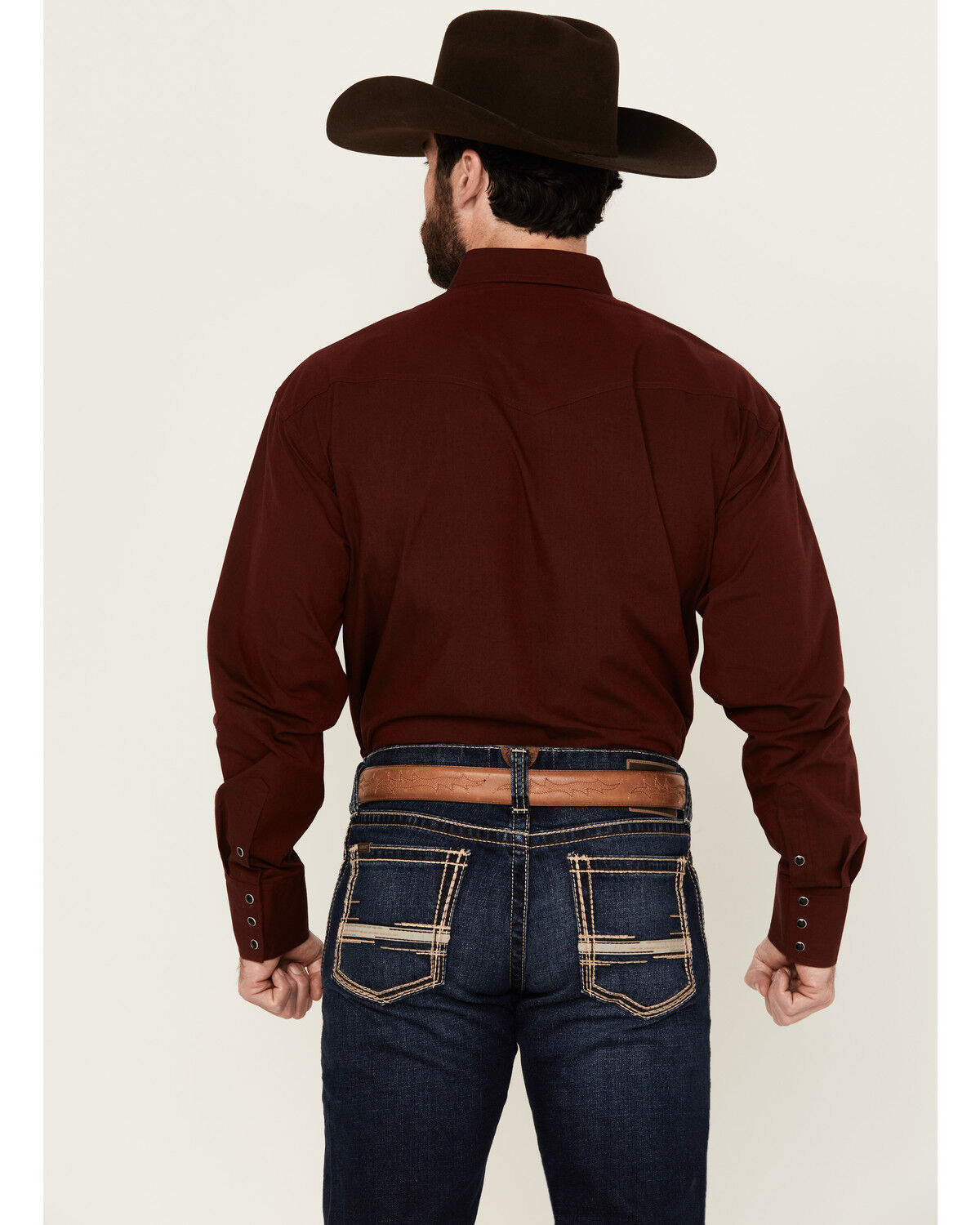Image #4 - Roper Men's Amarillo Solid Long Sleeve Snap Western Shirt, Burgundy, hi-res