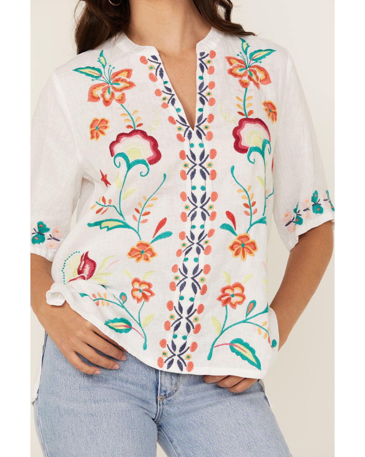 Image #3 - Johnny Was Women's Floral Embroidered V Neck Top, White, hi-res
