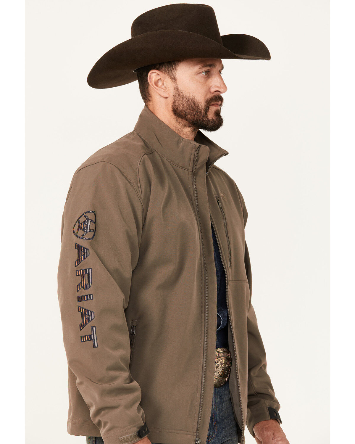 Image #2 - Ariat Men's Boot Barn Exclusive Logo 2.0 Softshell Jacket, Taupe, hi-res